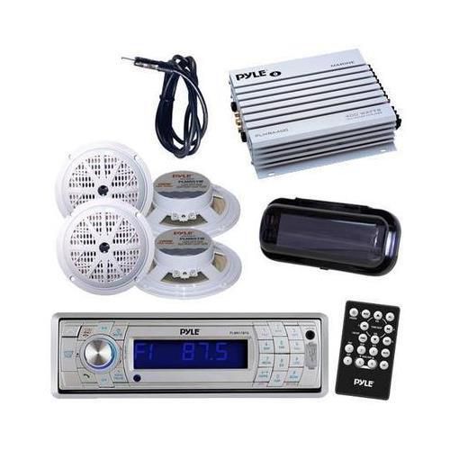 New silver in dash marine boat radio w/bluetooth 400w amp + 4 speakers /cover