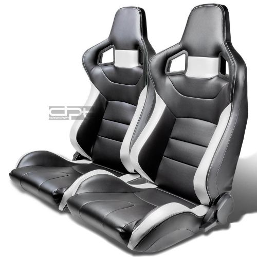 Full reclining black/white stripe pvc leather bucket racing seats+mount sliders