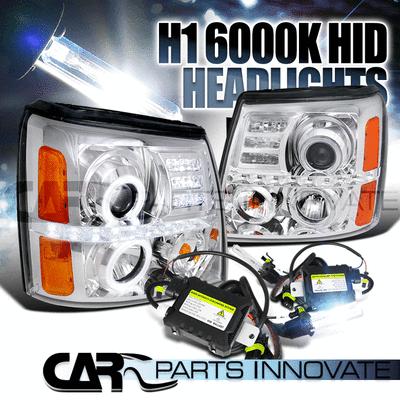 02-06 escalade chrome dual halo led projector headlights+h1 6000k hid kit