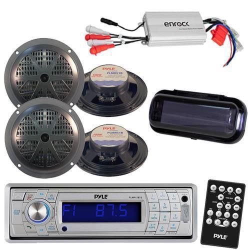 Pyle marine am/fm radio stereo system &amp; bluetooth &amp; cover 4 speakers + 800w amp