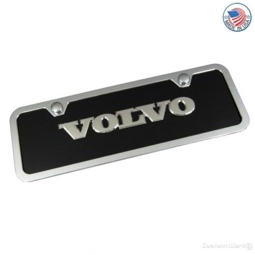 Volvo chrome name badge on black license plate + frame