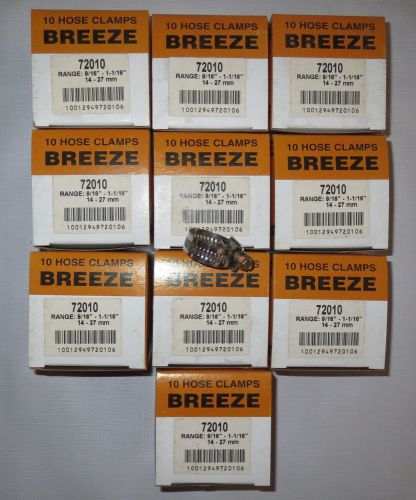 Lot of 100 breeze size 10 hose clamps 9/16&#034; to 1-1/16&#034; 14-27mm 10 boxes 72010