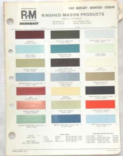 1969 mercury r-m color paint chip chart all models original