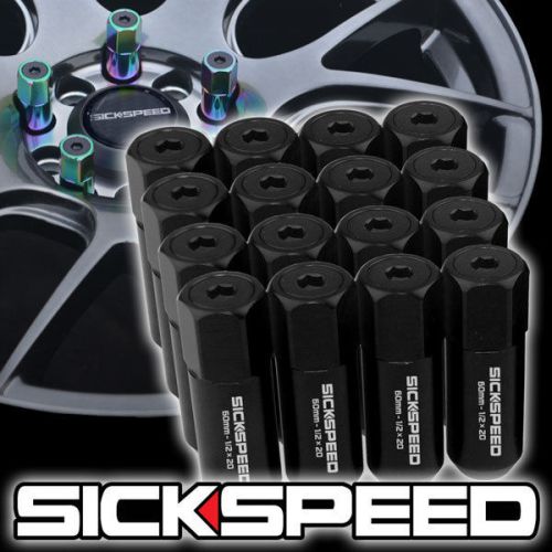 16 black capped aluminum 60mm extended tuner lug nuts for wheels/rims 1/2x20 l30