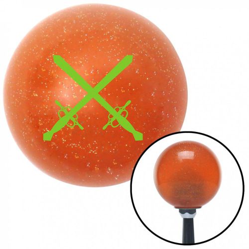 Green swords orange metal flake shift knob with 16mm x 1.5 insert hotrod 9 inch