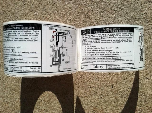 Nos 1993 ford mustang svt cobra & cobra r emissions schematic vec decal label