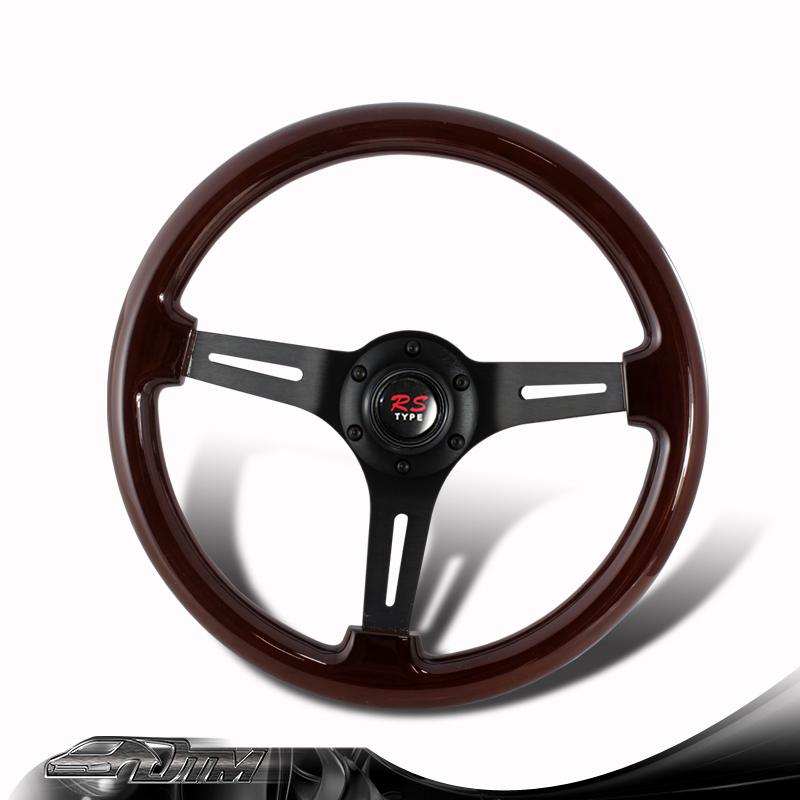 Universal 6-holed bolt 345mm deep dish dark wood grain style steering wheel