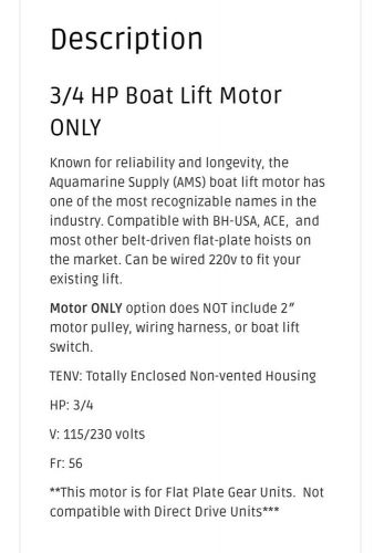 Aqua marine supply boat lift 3/4 hp (motor only) -  120v