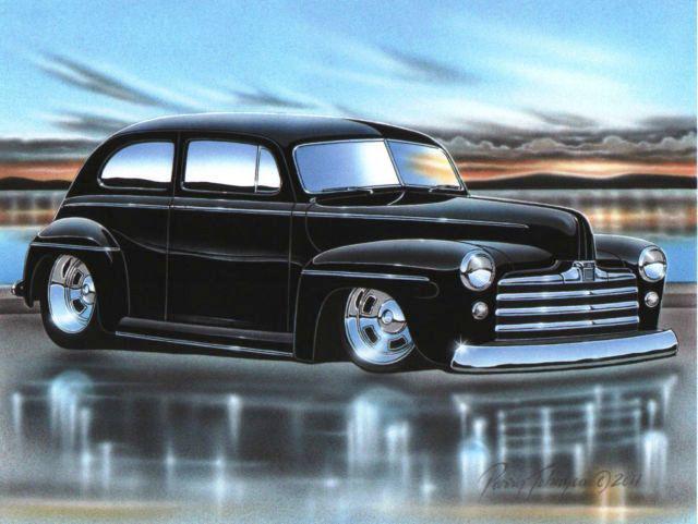 1947 48 ford tudor sedan streetrod car automotive art print black