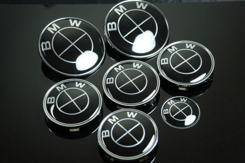 7 pcs bmw black style hood/trunk 82mm  emblem, wheel caps and steering sticker