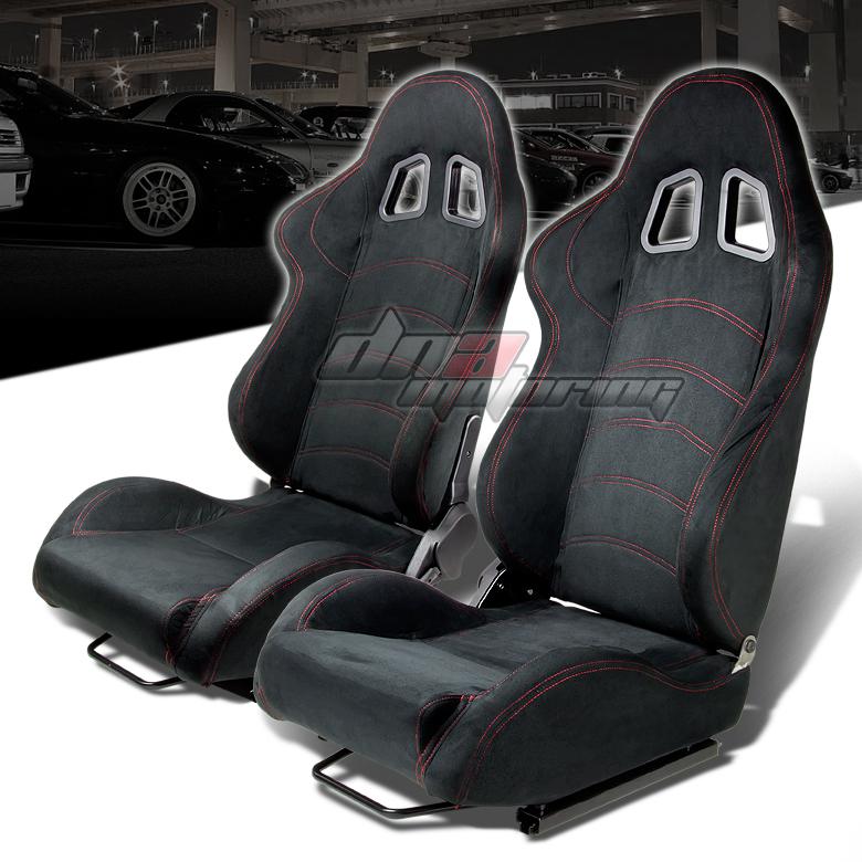 X2 suede black red stitch fully reclinable left+right racing seat/seats+sliders