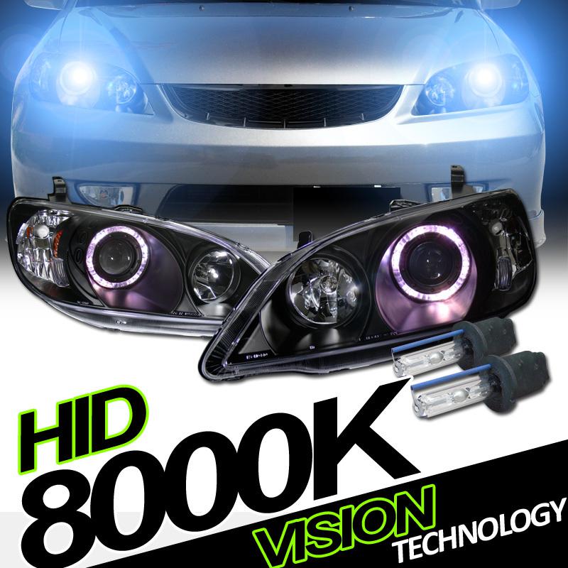 04-05 honda civic 2d/4d black halo projector headlights w/ amber+8000k xenon hid