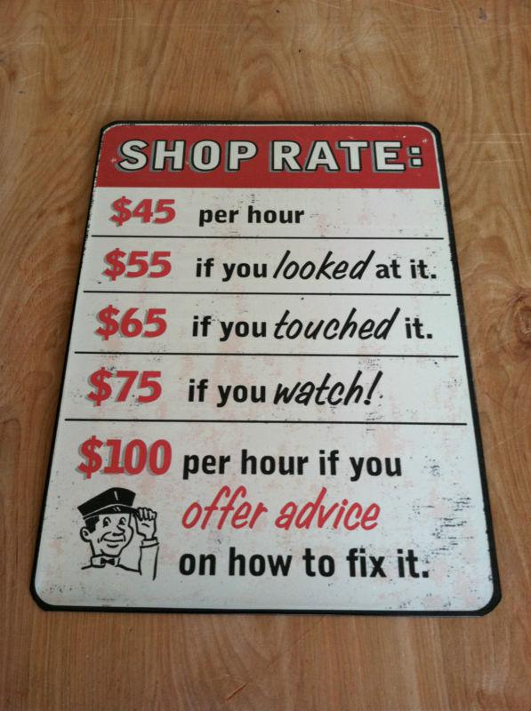 Firm shop rates metal sign.bike shop,garage,man cave.art.