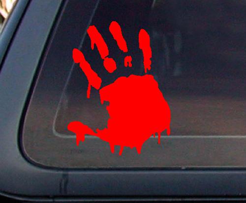 Bloody hand print zombie outbreak car decal / sticker - red