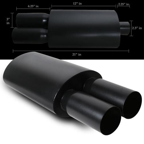 Universal stealth black dual 2.5 inlet / 3" dual flat tip muffler
