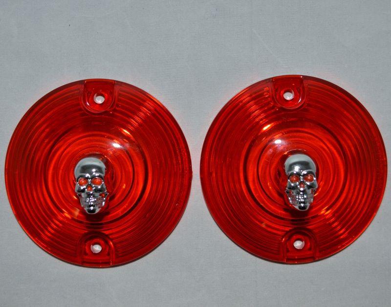 2 red lenses w/ chrome skulls for harley turn signal running light blinkers 