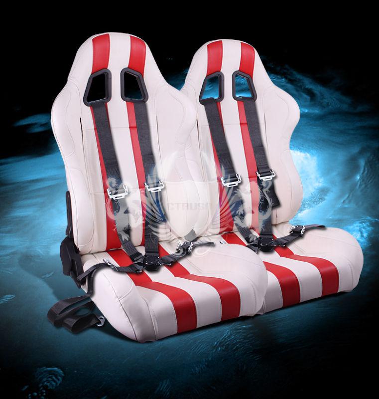 2x jdm f1 white/red stripe pvc racing seats w/sliders + 4-pt blk camlock buckle