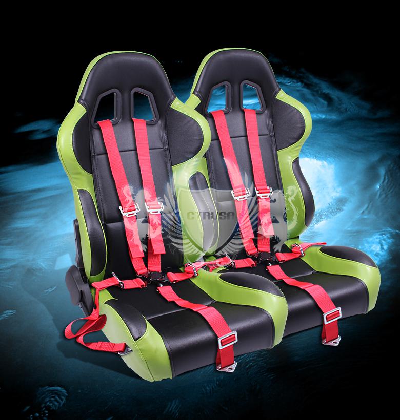 2x black/green turino sport racing bucket seats+5-pt red belt camlock strap pair