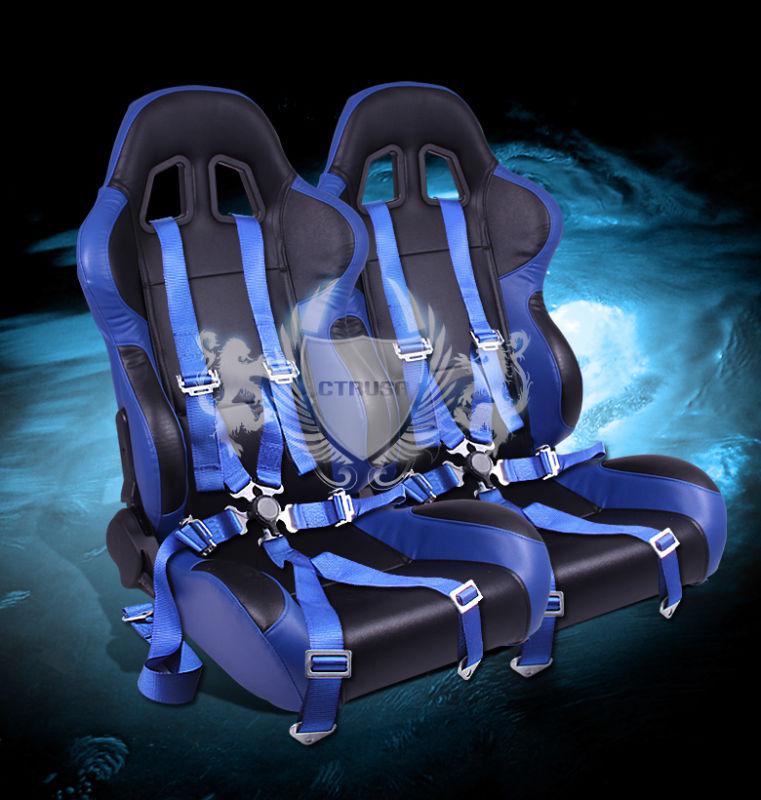 2x black/blue turino sport racing bucket seats + 6-pt belts camlock strap pair