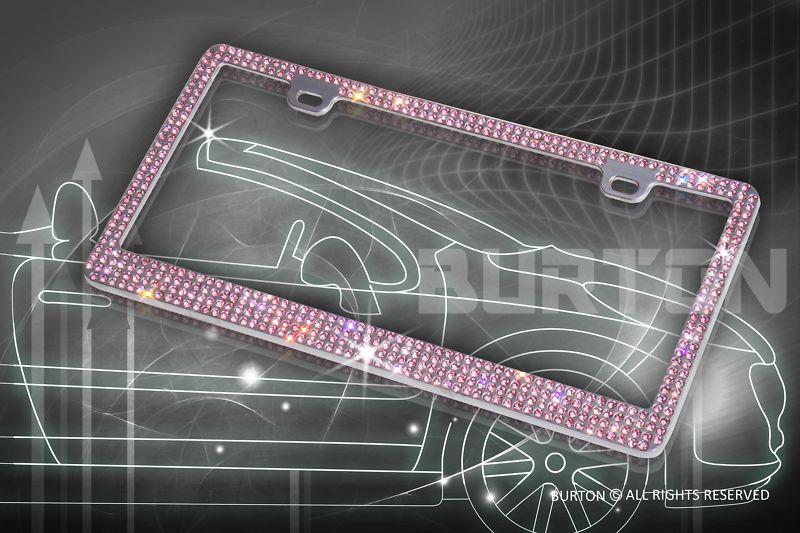 4 row bling pink real glass crystal embedded chrome license plate frame-c