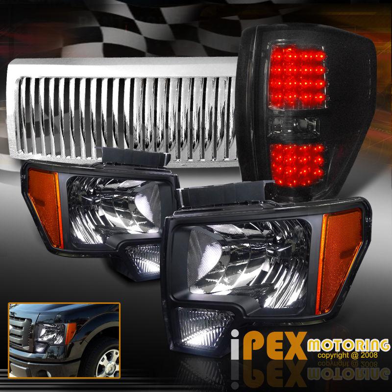 09-10 ford f150 black head lights + smoke led tail lamp + chrome verticle grille