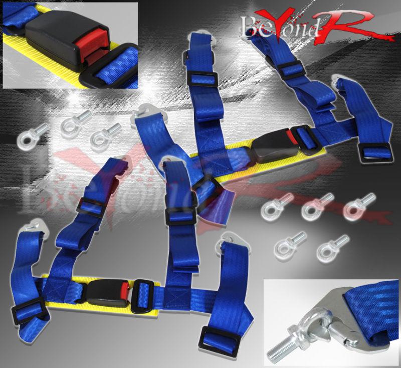 2" pair nylon 4 point harness strap racing seat belt buckle quick snap bolt blue