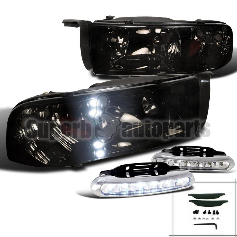 1994-2001 dodge ram 1500 2500 3500 crystsl headlights smoke+led drl fog lamps