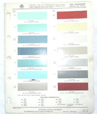 1961 chevrolet ppg   color paint chip chart all models original 