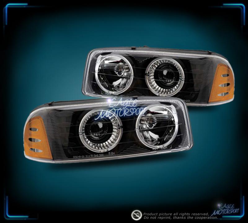 1999-2006 gmc sierra dual halo projector black blk headlights +amber reflector