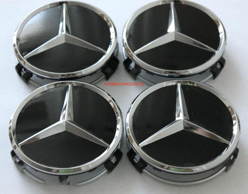 Mercedes gloss black & chrome star logo center caps - brand new - 4pcs - 75mm