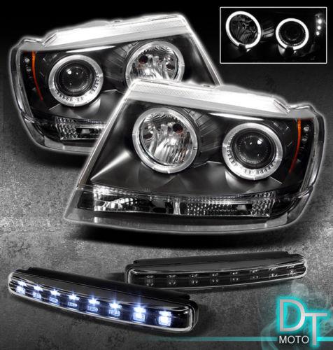 Drl led bumper fog lamps+99-04 grand cherokee halo projector head lights black