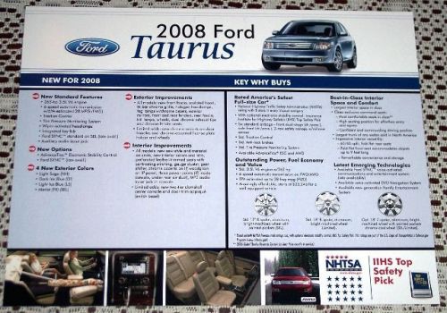 Brand new 2008 ford taurus 2 sided dealer literature brochure hero card!