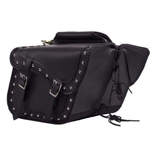 Pvc motorcycle biker saddlebag with studs &amp; q-release and universal fitting