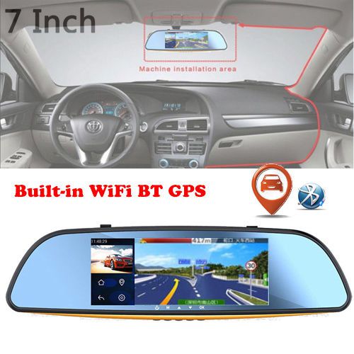 1080p 7&#034; gps navigation car rearview mirror monitor hd dvr+backup camera+wifi+bt