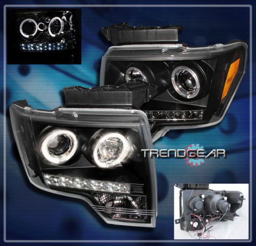 09-14 ford f-150 halo drl led projector headlight black pickup truck 10 11 12 13