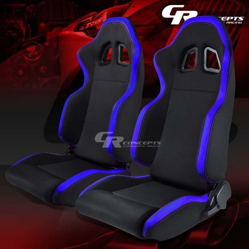 2x blue trim black fabric sports racing seats+mounting slider rails left+right