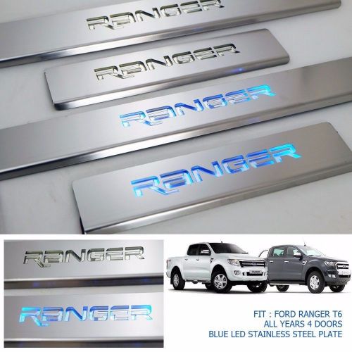 Fit ford ranger chrome stainless steel scuff plate double cab 4 doors led blue