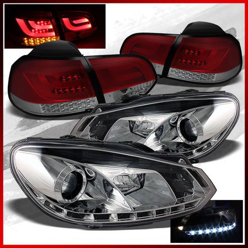 10-13 golf/gti chrome drl led projector headlights+red smoked led tail lights