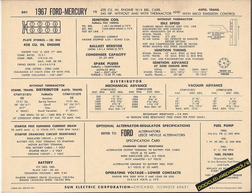 1967 ford mercury v8 428 ci / 345 hp engine car sun electronic spec sheet