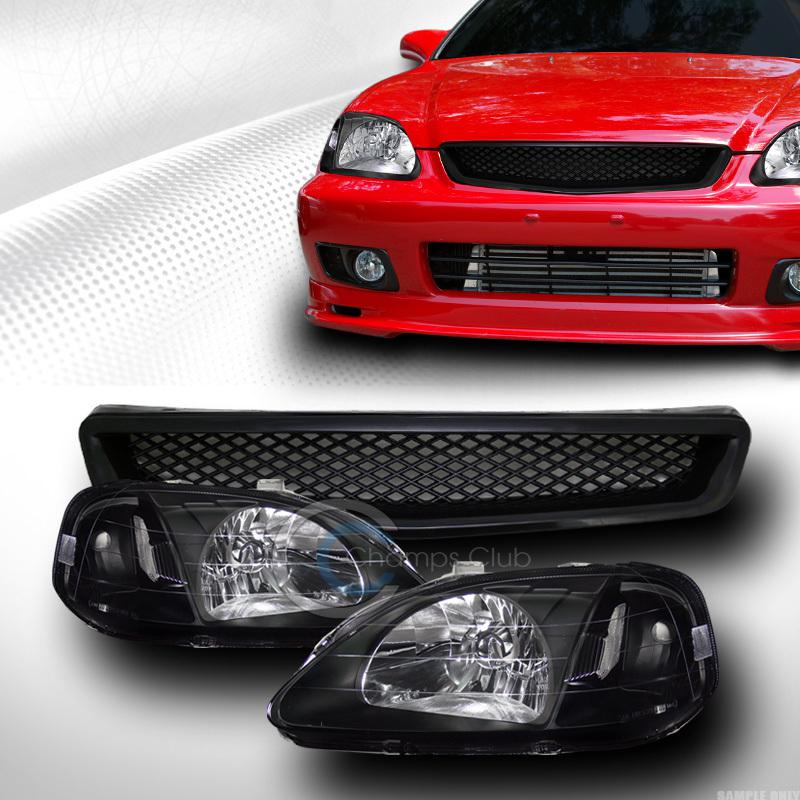 Jdm black head lights signal lamps dy w/mesh grill grille abs 99-00 civic ek ek9