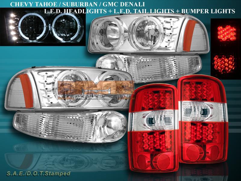 00-06 gmc yukon xl chrome led halo headlights/bumper lights/red led tail lights