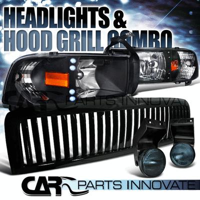 94-01 ram 1500 2500 3500 black led drl headlights+smoke fog lamp+grille