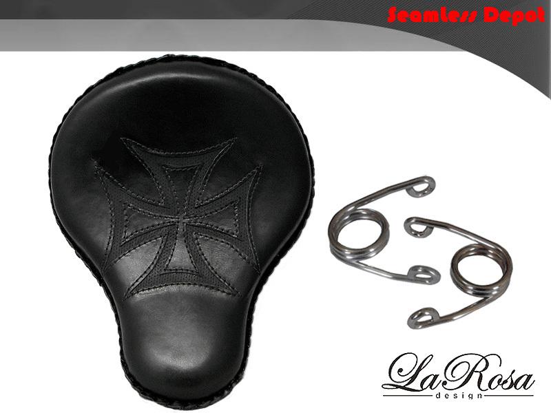 16" larosa black leather iron cross inlay hd chopper bobber solo seat + springs