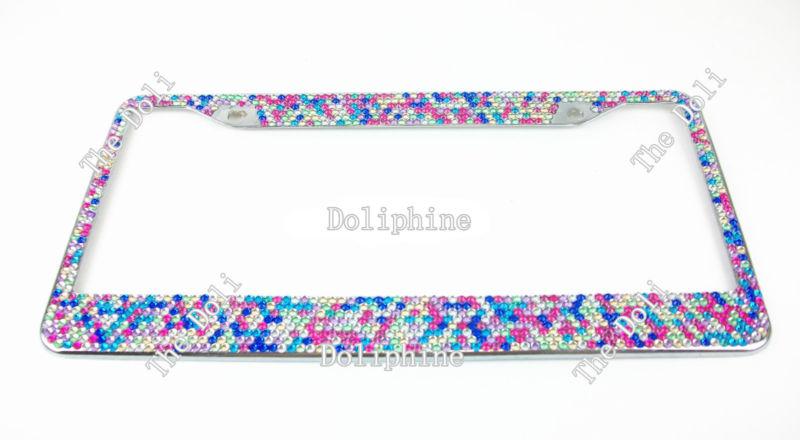 Rainbow bling crystal metal chrome u.s.license plate frame 7 rows