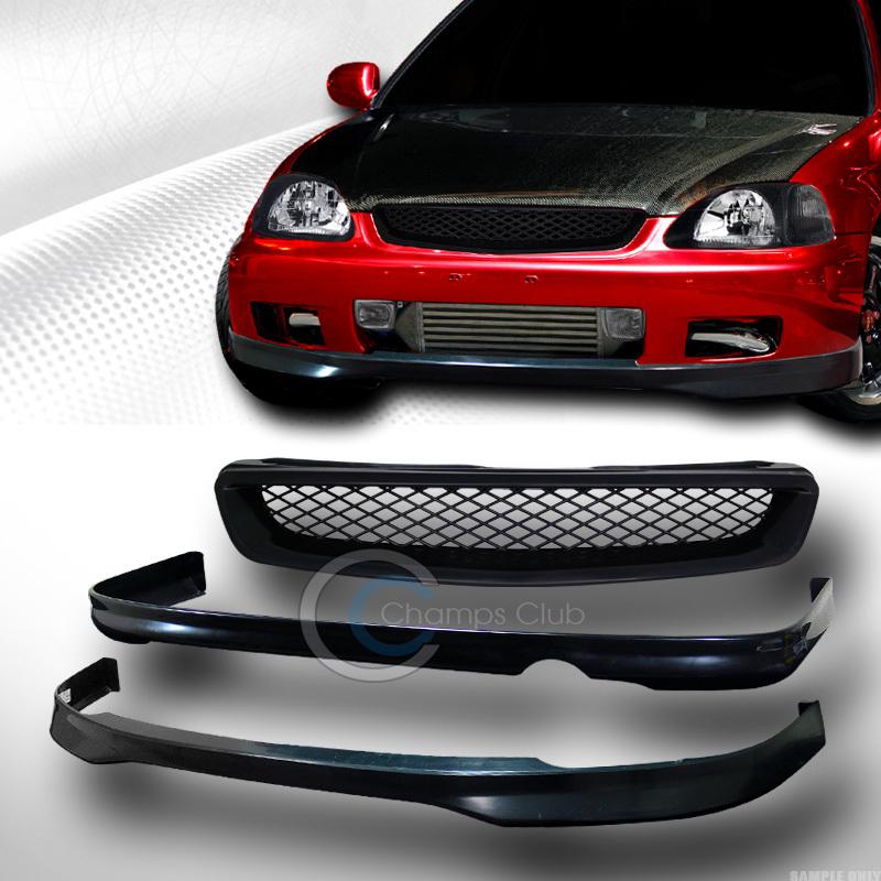 Blk tr pu front+rear bumper lip body kit+grill grille abs 96-98 civic 2dr/4dr ek