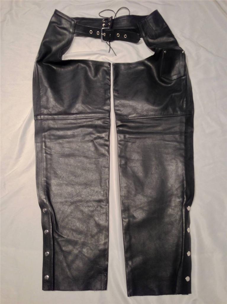 Men's top grain black leather motorcycle riding chaps sizes s,m,l,3xl brand new