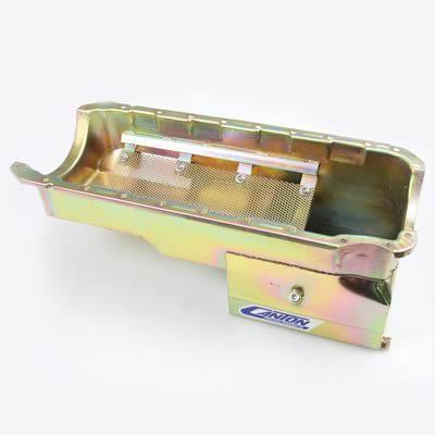 Canton racing oil pan street/strip steel gold iridited 6 qt. rear sump bbc ea