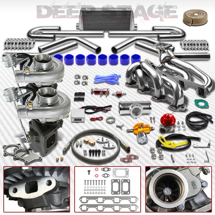 T04e t3/t4 v-band 15pc twin turbo kit+intercooler+manifold87-94 mustang ohv 5.0l