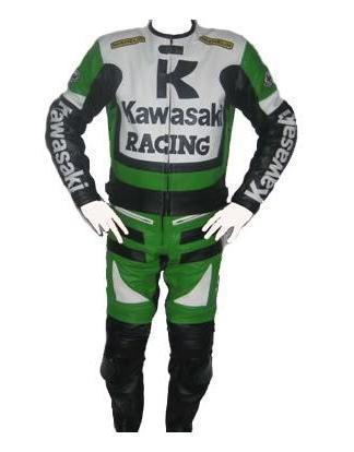 Nwt biker kawaski white,green safety motorbike motorcycle leather biker suit