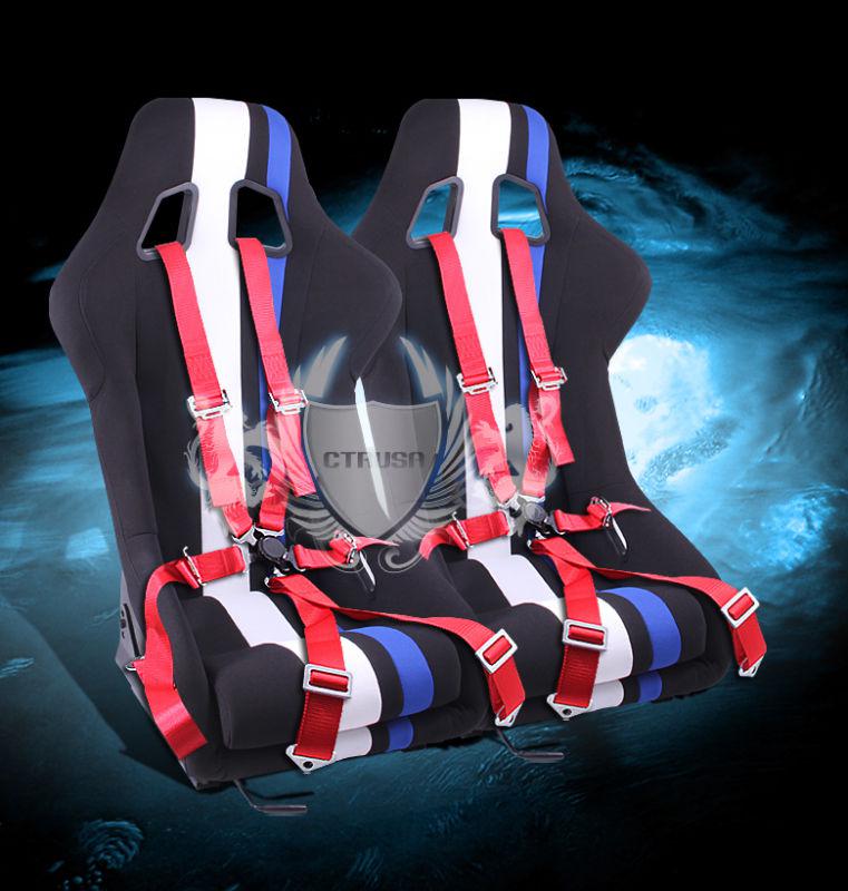 2x black/white blue stripe fabric racing seats+6-pt red belt camlock strap pair